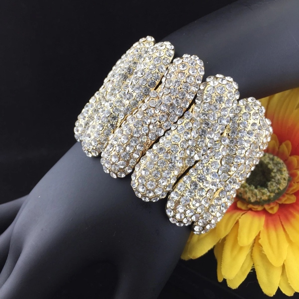 Classic Pageant Pave Austrian Clear Crystal Stretch Bracelet Gold Tone 2” Long